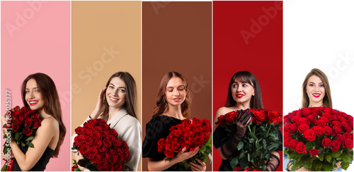 Gorgeous women with bouquets of roses on colorful backgrounds. Collection of portraits