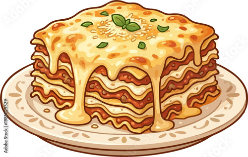 Delicious Cheesy Lasagna Vector Illustration, Italian Pasta Layered Slice with Melted Cheese Tomato Sauce and Plate