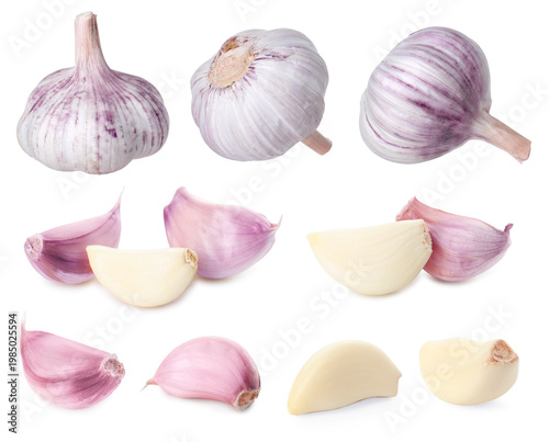 Garlic bulbs and cloves isolated on white, set
