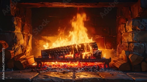 Burning firewood in a stone hearth with flames aglow. Logs are burning with embers below
