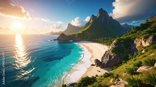 Coastal paradise with turquoise waters, golden sand, lush green mountains, and a clear blue sky