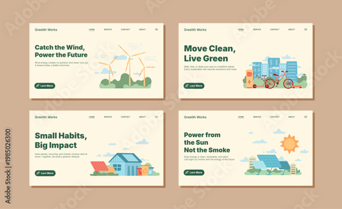 Ecology web banner set with clean eco style. Horizontal green energy layouts show wind power and electric transport in a modern city. Renewable home solar scene and bicycle theme support sustainable