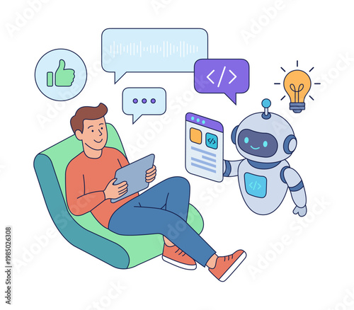 Man relaxing with tablet while robot assists with coding and ideas