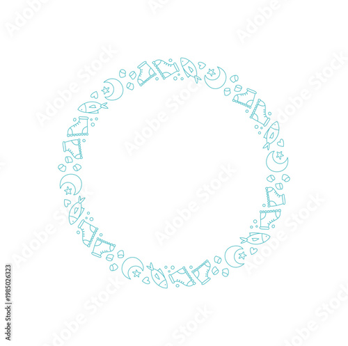 Circular doodle frame with adventure, nature and hiking icon outline style. Forest, camp, travel, trip and mountain elements shape the hand drawn theme. Simple format, clear background for outdoor