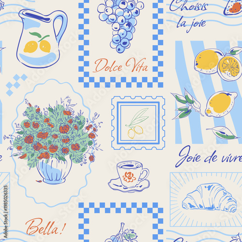 Vintage mediterranean brunch doodle art with yellow detail and soft blue tone seamless pattern. Seamless background of cafe breakfast line icons as ink line sketch. Cozy food motif suits menu, bakery
