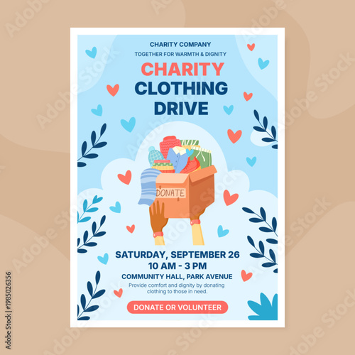 Charity clothes donation box with flat light background. Needy community receive cloth and care as people share a gift of support. Homeless aid poster and banner print for donation drive donate