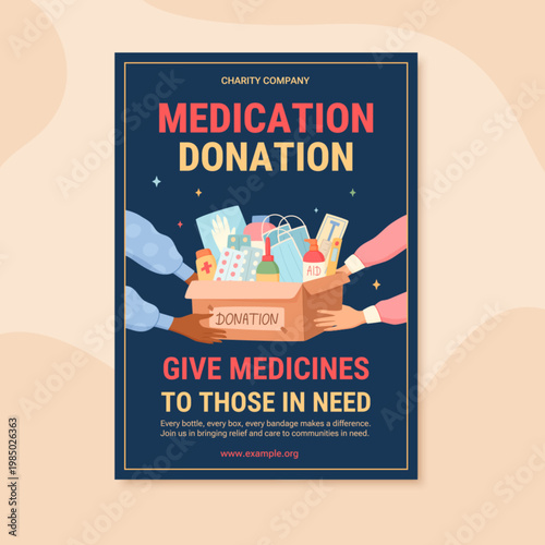 Charity medicine support box banner in flat style. People hold a donation box with gift aid for needy community. Healthcare donation background for poster and print as help to poor and homeless