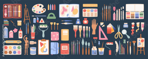 Cartoon paint craft supplies set isolated on dark background. Colorful art tool collection as playful brush and pencil icons. Cute school supply palette and watercolor layout for children class poster