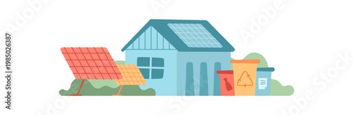 Modern eco home with blue solar energy panels. Flat eco house as smart home symbol of clean energy and recycling. Green in orange and blue yard for sustainability independence illustration