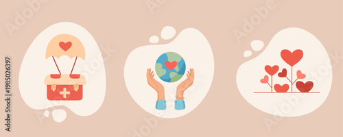 Charity support icon set with heart and world. Volunteer hands hold globe as symbol of aid and care. Love donation concept for community money charity with blood donate theme on flat background