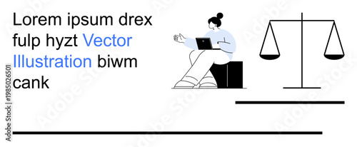 Legal studies, work-life balance, remote work, equality, career growth, justice. Person on laptop and a scale of justice icon. Legal studies and work-life balance