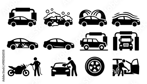 Car Wash Vehicle and Cleaning Scene Silhouettes Set, Auto Detailing Process Icons
