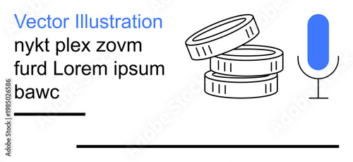 Cryptocurrency, media, podcasting, finance, broadcasting, digital trends. Stacked coins next to a microphone with a text placeholder. Cryptocurrency and media communication concept