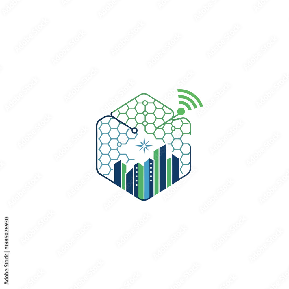 Fototapeta premium Abstract Hexagonal Cube with Cityscape and Wireless Signal.