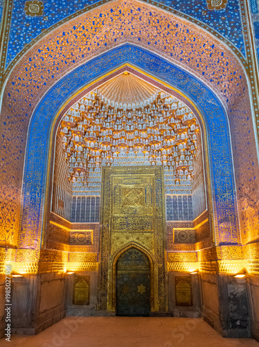 Detail of the stunningly beautiful interior mozaics of the Tilya-Kori Mosque in historic Samarkand