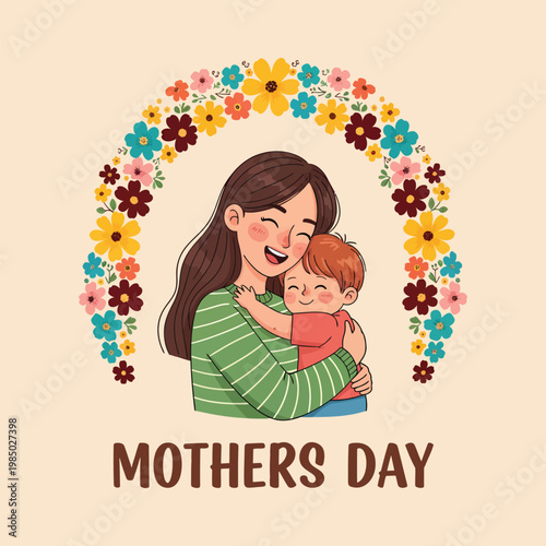 Happy mother's day loving mom and child embrace in floral wreath illustration
