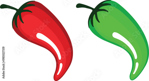 Fiery Duo: A pair of vibrant chili peppers, one crimson and the other emerald, exuding freshness and flavor