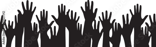 Silhouette of Solidarity: Silhouette of raised hands demonstrating unity and collaboration among many people. Symbolizing participation and expressing collective support.