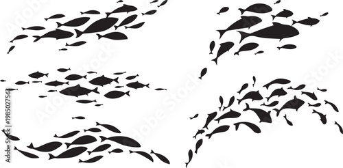 School of Fish Silhouette: Dynamic silhouettes of a school of fish, swimming in a synchronized dance, symbolizing unity and harmony in the aquatic world. 