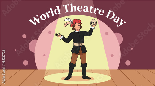 Cartoon performer holding comedy and tragedy masks on stage for World Theatre Day