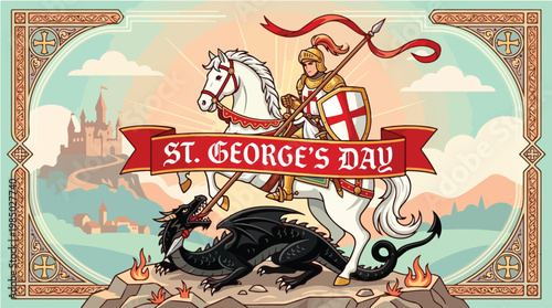 Illustration of Saint George on horseback slaying a dragon on St. George's Day