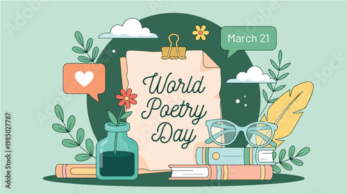 World Poetry Day celebration illustration with books, flowers, and writing materials