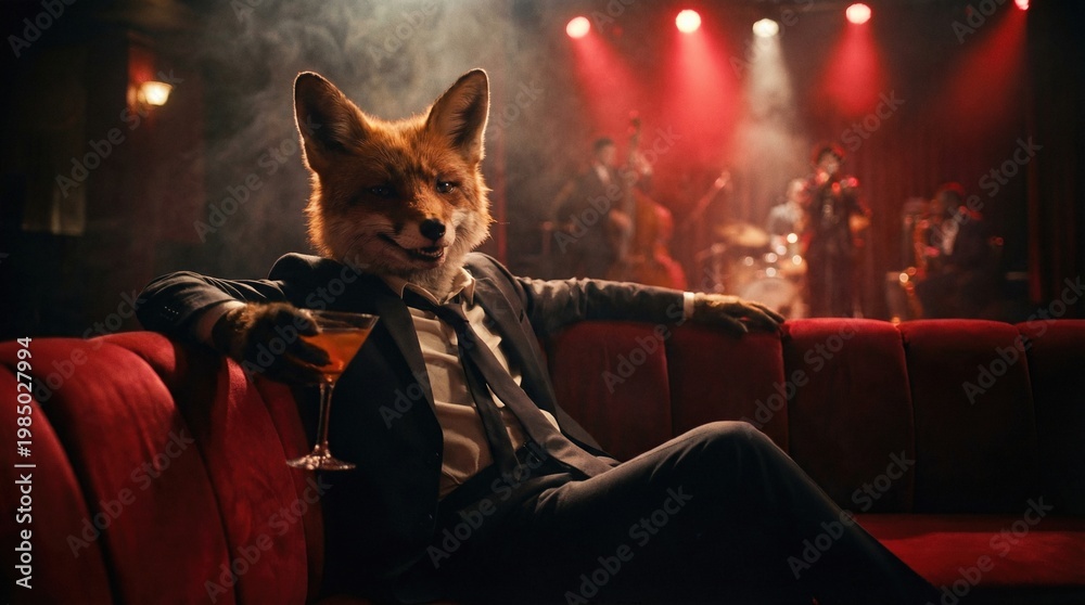 Fototapeta premium Fox in suit relaxing on a red couch with a cocktail in a dimly lit bar, enjoying a jazzy concert. Animal dressed as a person relaxing during holiday party.