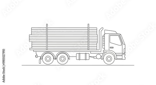 Minimalist Line Art Illustration of a Logging Truck Carrying Timber Logs for Construction and Forestry Industry