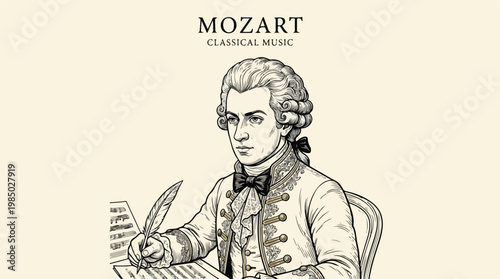Classical composer writing music in 18th century formal attire with quill pen