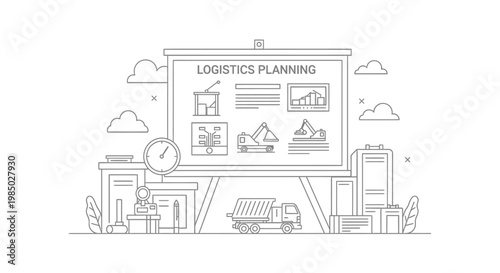 Logistics Planning and Supply Chain Management Minimalist Vector Illustration with Industrial Icons and Transportation Concept