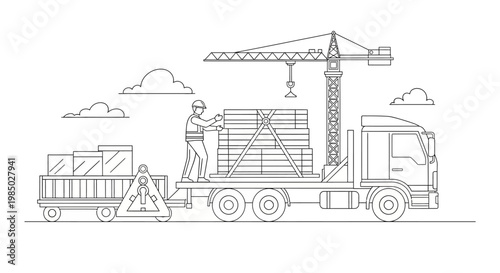 Heavy Construction Truck with Flatbed Trailer and Crane Line Art Illustration, Worker Loading Building Materials Vector Outline for Coloring Page