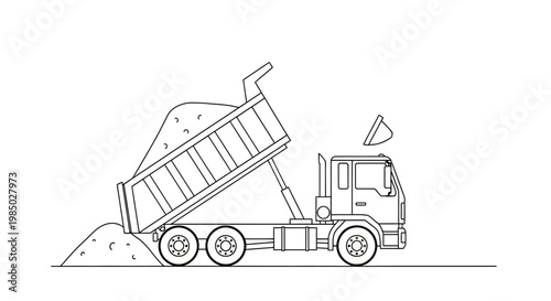 Dump Truck Unloading Sand Line Art Illustration - Tipper Truck Construction Vehicle Outline for Coloring Page or Educational Use