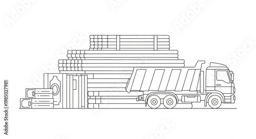 Construction Site Equipment Line Art Illustration with Dump Truck, Pipes, and Building Materials for Logistics and Industrial Design