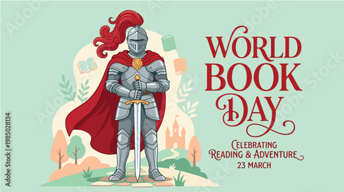Knight in armor celebrating World Book Day with a sword and red cape