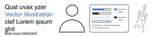 User identity, data management, career growth, digital networking, business analytics, progress tracking. Simplistic profile icon, data visualization and upward arrows. User identity and data