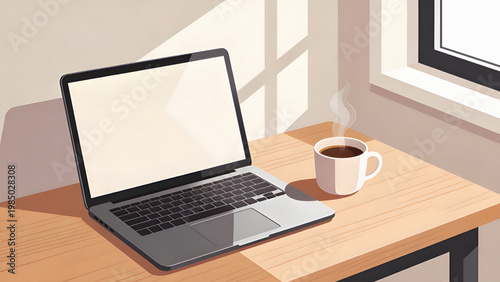 Cozy Workspace Illustration with Laptop and Hot Coffee Cup by Sunny Window