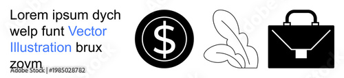 Business management, financial planning, corporate growth, investment strategies, eco-friendly initiatives, and entrepreneurship. Features a dollar sign, leaves and a briefcase. Business management