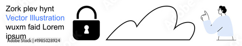 Cloud computing, data security, privacy protection, online storage, remote access, technology concepts. Visual includes a lock, a cloud and a person gesturing. Cloud computing and data security
