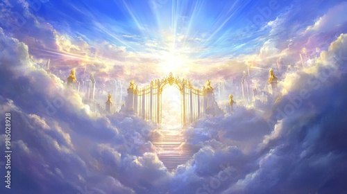 Heavenly gateway bathed in golden light, surrounded by clouds and figures