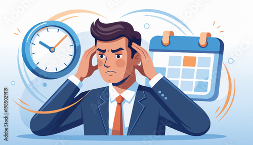 A semi-flat vector illustration of a young businessman holding his head in stress, surrounded by a large clock and a calendar, representing deadline pressure and time management anxiety.