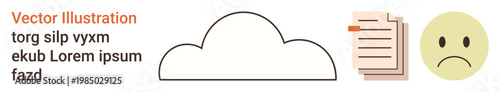 Cloud storage, document organization, user feedback, digital workflow, data access, communication. a cloud, stack of documents and a sad emoticon. Cloud storage and document organization concept