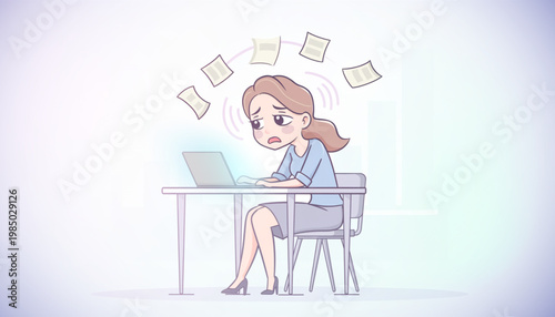 Semi-flat vector character of a tired woman sitting at her laptop with floating papers circling her head, illustrating burnout, heavy workload, and mental fatigue in a minimalist office setting.