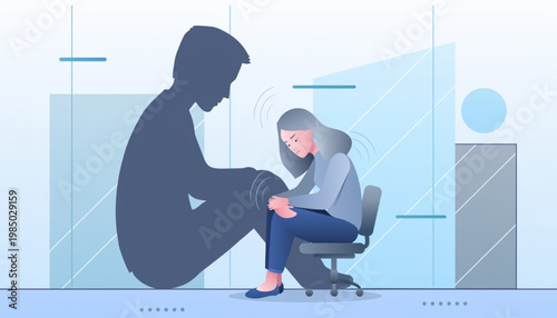 A sad woman sitting on an office chair hugging her knees, with a large, looming shadow behind her, symbolizing depression, intimidation, or workplace anxiety.