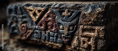 Close-up of carved, textured stone with intricate, stylized markings