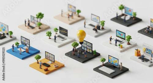 High-angle isometric view of miniature 3D people working at various digital workstations on separate platforms, with a large glowing lightbulb in the center symbolizing a central creative idea or busi