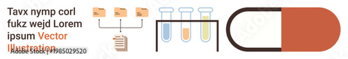 Data organization, scientific research, pharmaceutical analysis, lab testing, information flow, medication development. Visual of file icons, test tubes and capsule. Data organization and scientific