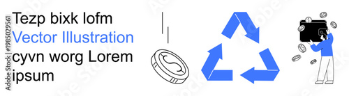 Sustainability, digital economy, environmental impact, waste reduction, eco-friendly solutions, financial management. Blue recycling symbol with coins and person holding box. Sustainability