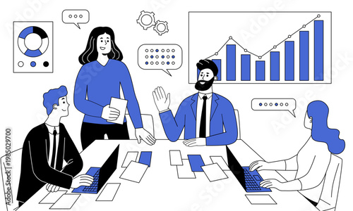 Business Planning concept. Group of entrepreneurs and diverse business people discussing business project, analyzing data, and developing growth strategy. Flat hand drawn vector illustration