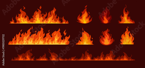 Fire sprite set. Icons or stickers with different fire flames, blazes, and burning borders. Hot light effect elements. Cartoon hand drawn vector illustration collection isolated on background