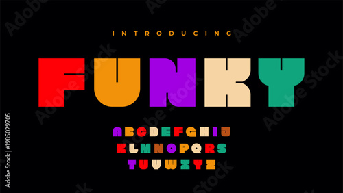 Playful funky font. Colorful childish alphabet letters and numbers for creative projects. Trendy vibrant english typeface in geometric style. Flat hand drawn vector typography collection